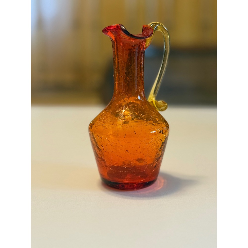 Vintage Amberina Crackle Glass Pitcher Tangerine Orange Hand Blown Mini Cruet